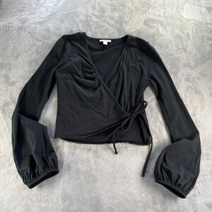 Topshop Wrap Top Women 8 Black Long Puff Sleeve Cotton Balletcore Goth Witchey